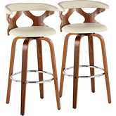 Gardenia 30" Swivel Bar Stool in Walnut Wood & Cream Leatherette with Chrome Footrest (Set of 2)